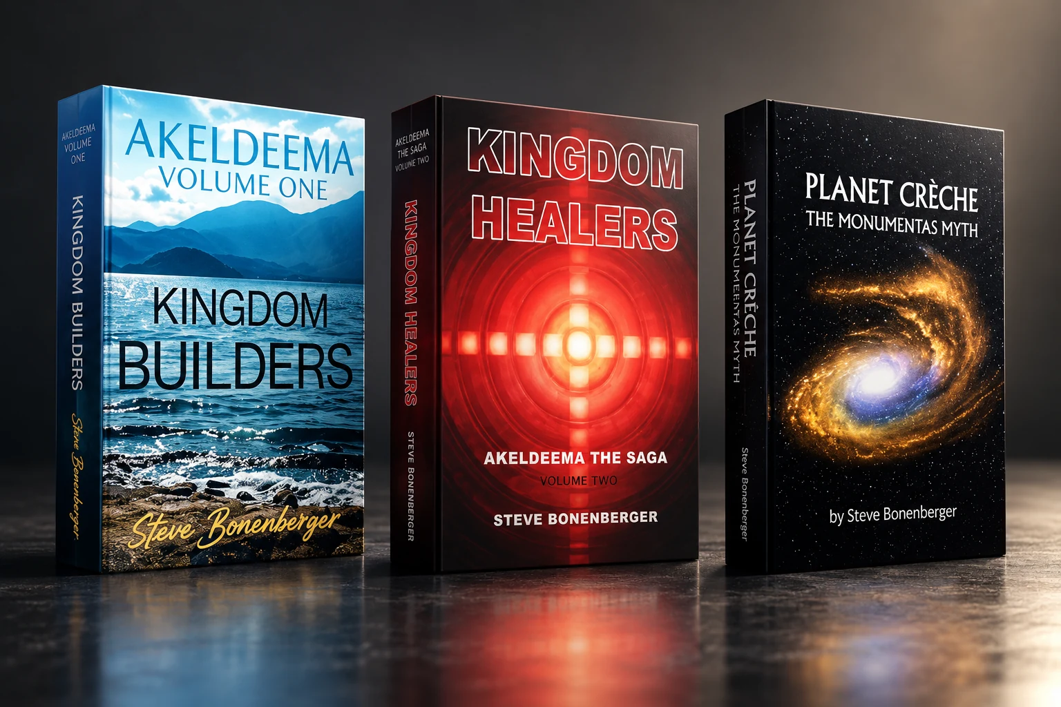 Studio presentation of Kingdom Builders, Kingdom Healers, and Planet Crèche book covers